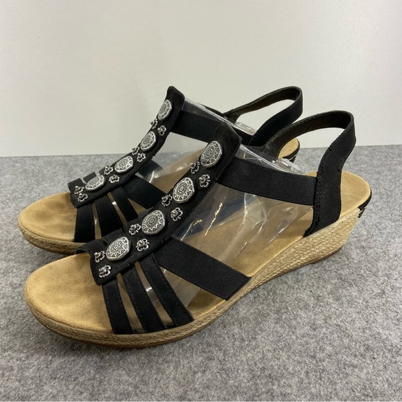 Rieker Black Open Toe Sling Back Sandal Wedge Women’s Size 41 or US 9.5 - Picture 1 of 11